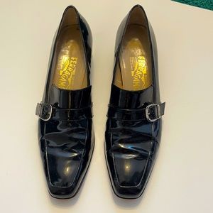 Salvatore Ferragamo black patent buckle loafers size 10 AAAA.